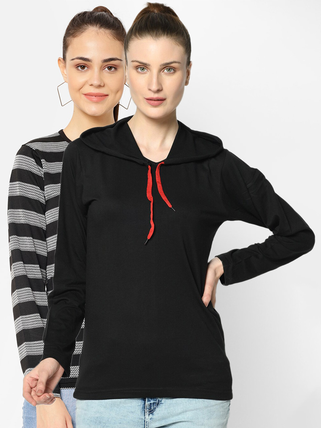 MACK JONNEY Pack of 2 Women Black & Grey Printed T-shirt