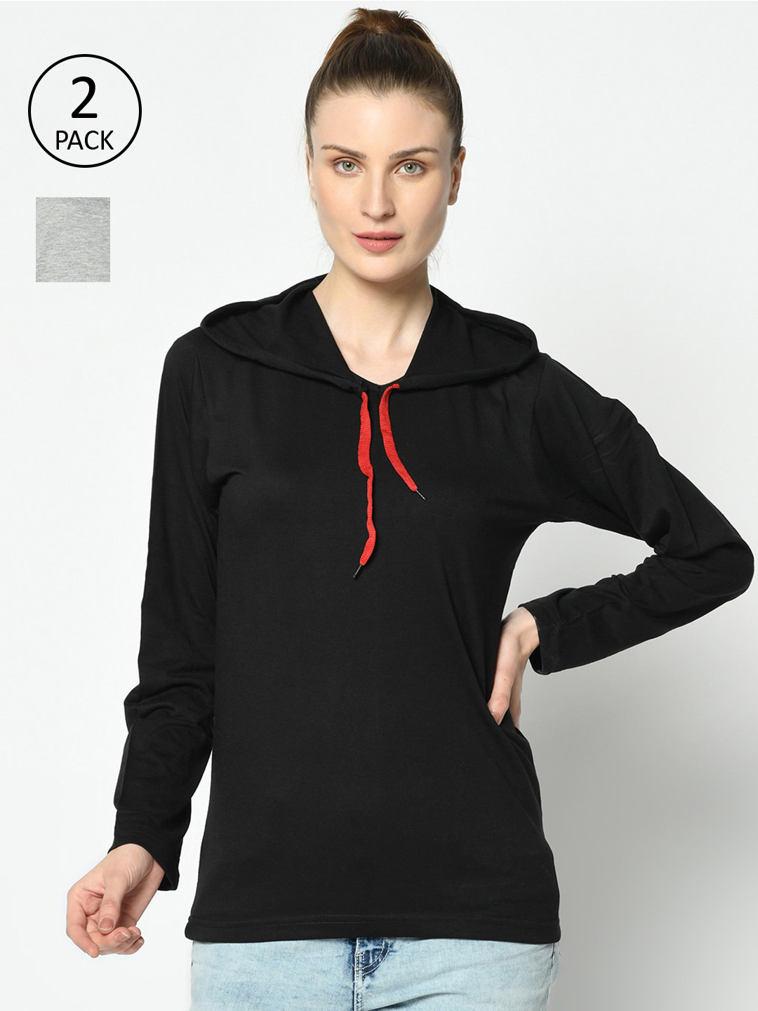 MACK JONNEY Women Black and Grey Pack of 2 Hooded T-shirts