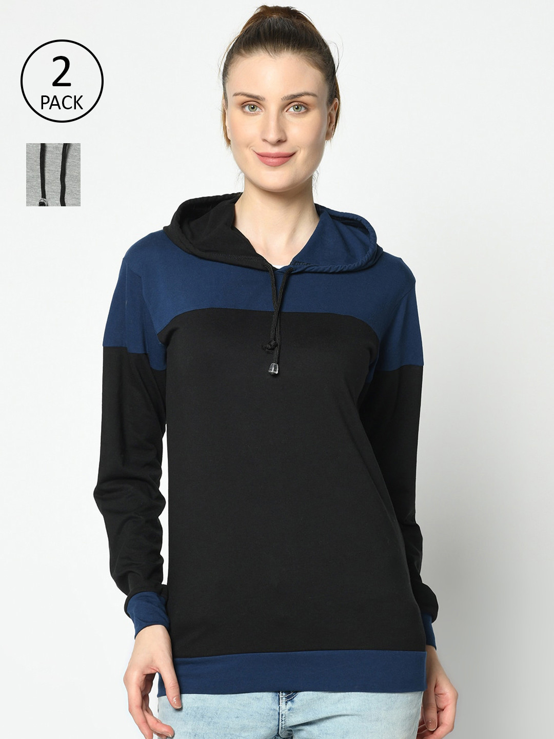 MACK JONNEY Women Black and Grey Pack of 2 Hooded T-shirts