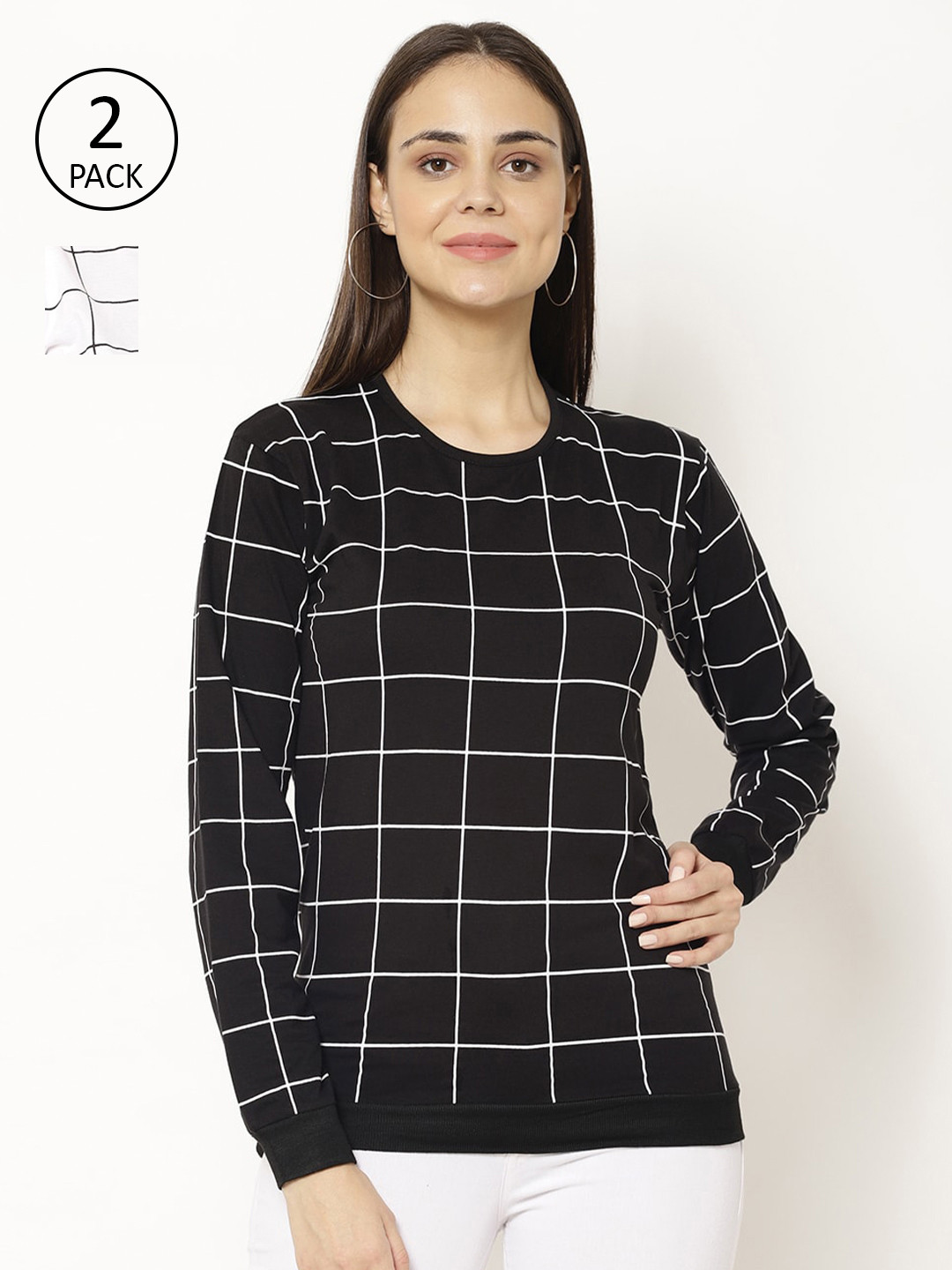 MACK JONNEY Women Black and White Checked Pack of 2 Long Sleeves T-shirts