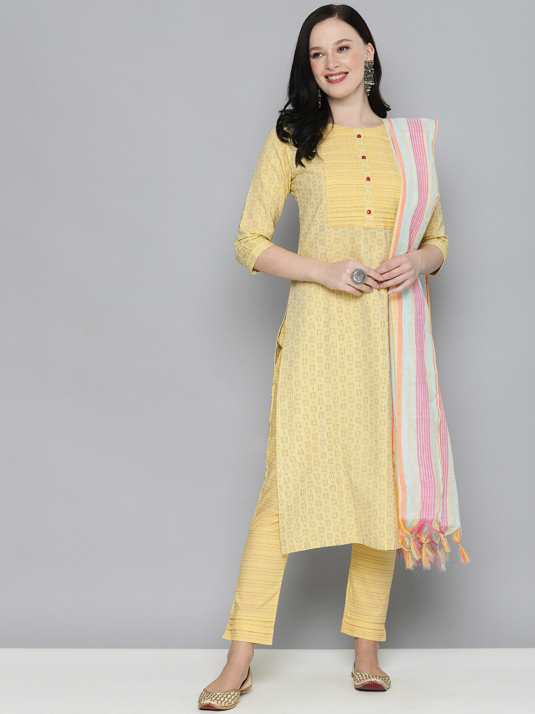 Kvsfab Yellow Woven Design Pure Cotton Handloom Unstitched Dress Material