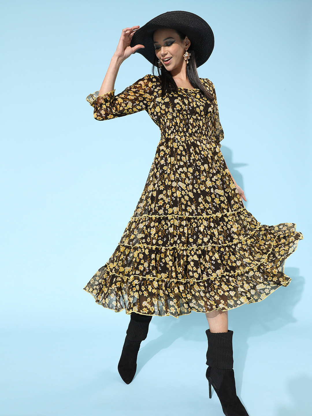 Antheaa Yellow & Black Floral Chiffon A-Line Midi Dress