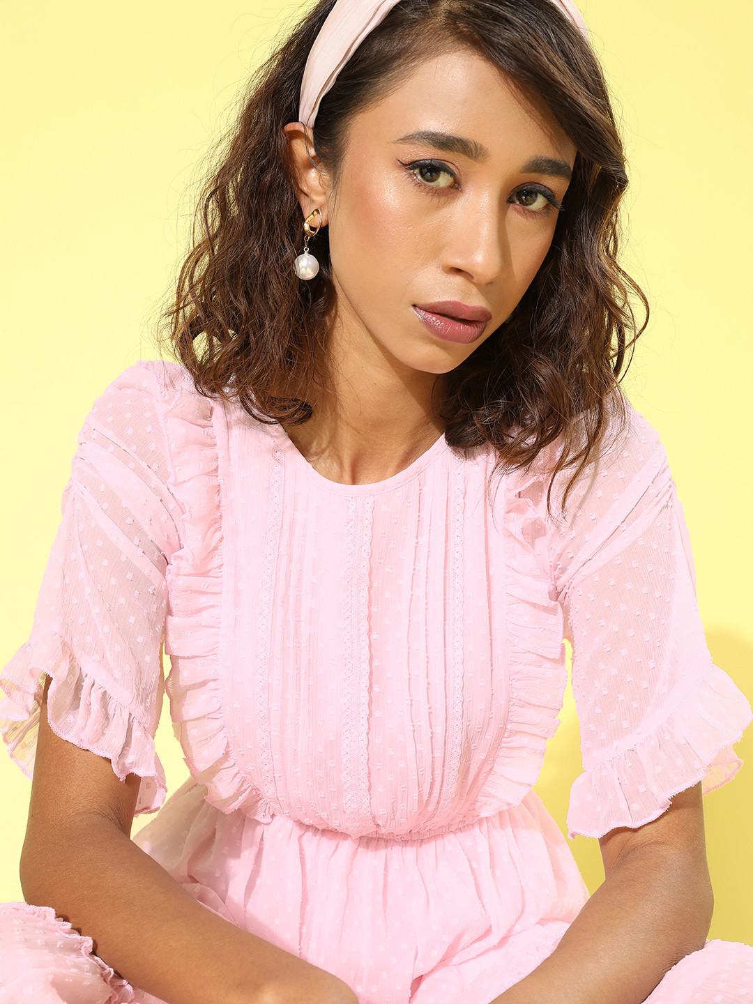 Antheaa Pink Chiffon A-Line Midi Dress
