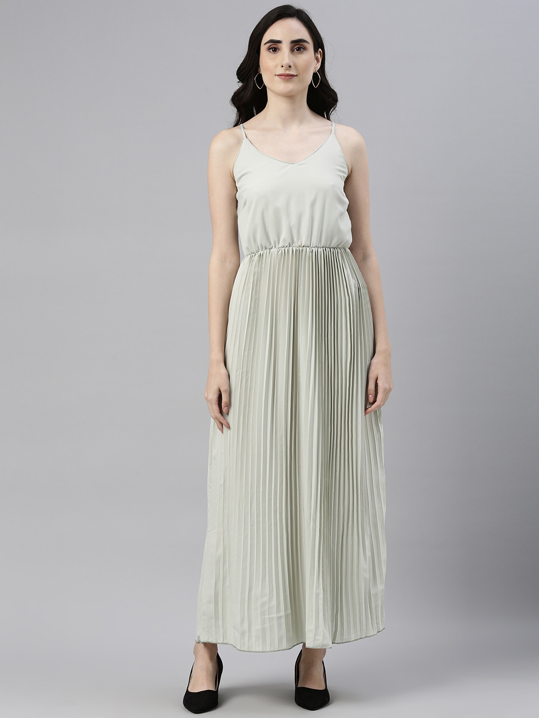 Campus Sutra Sea Green Accordion Pleated Maxi Dress