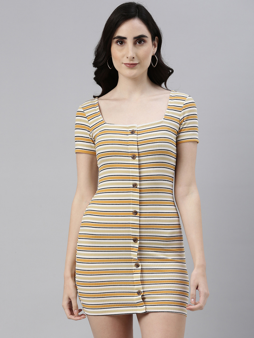 Campus Sutra Beige & Mustard Yellow Striped Bodycon Mini Dress