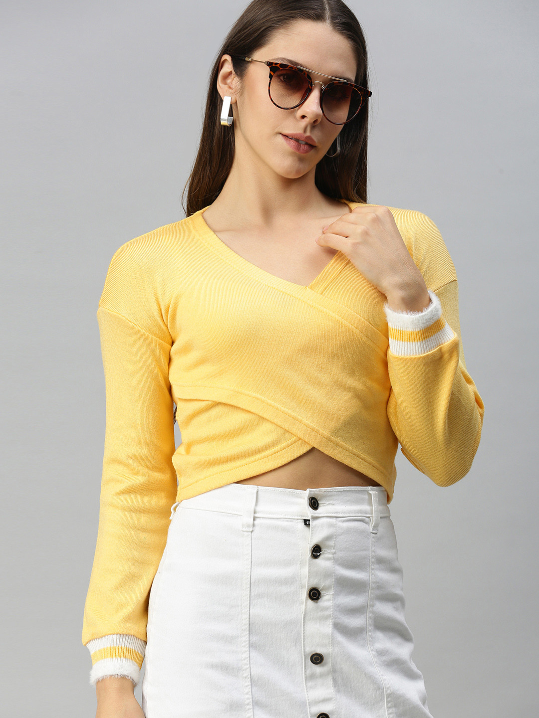 Campus Sutra Yellow Solid Wrap Cropped Top