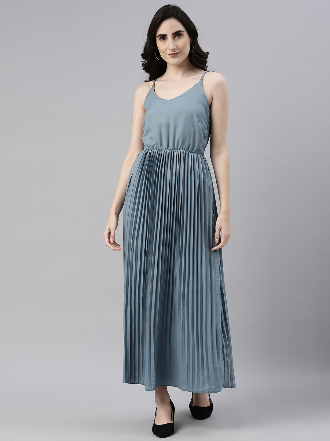 Campus Sutra Blue Accordion Pleated Maxi Dress
