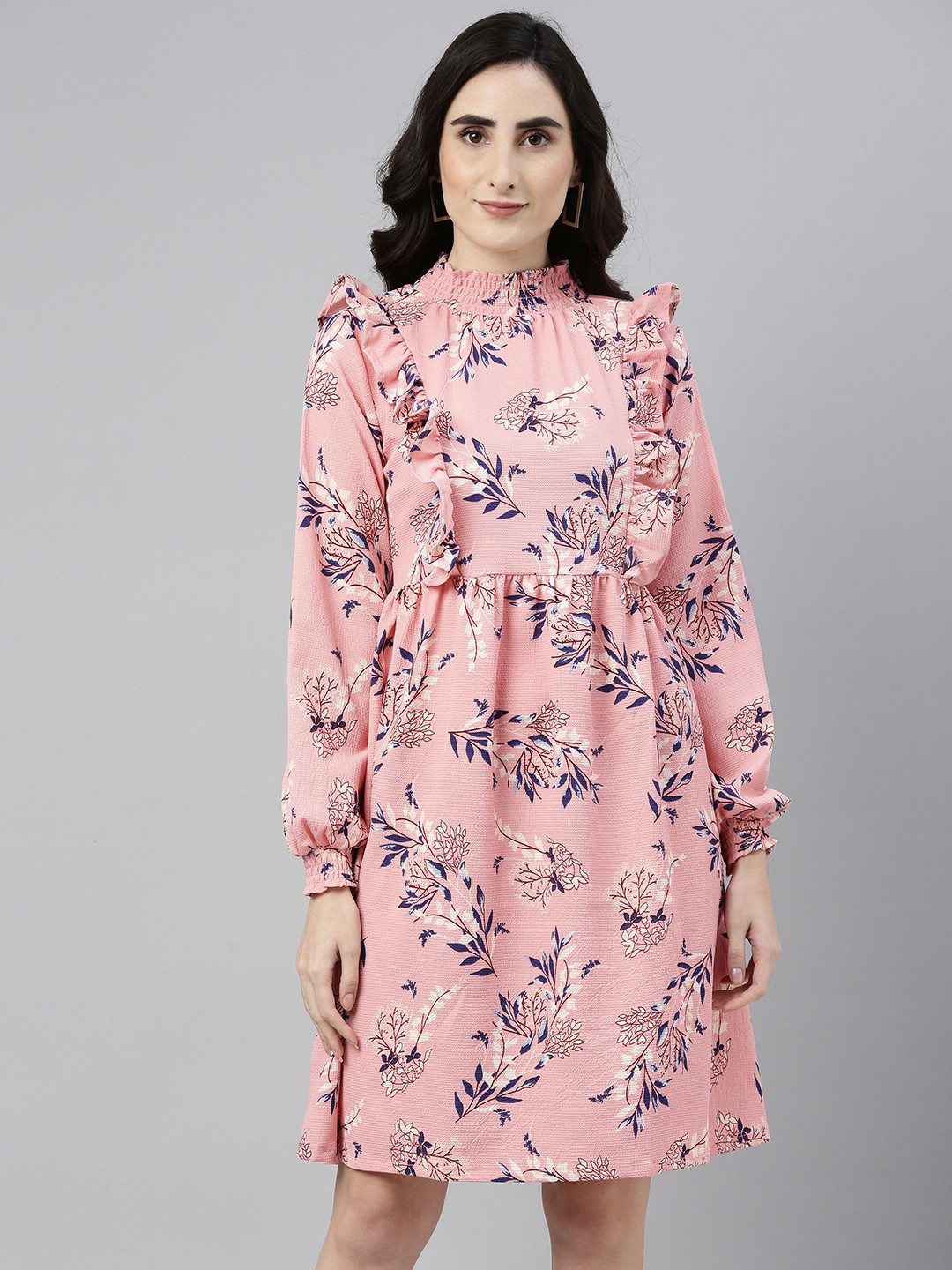 Campus Sutra Peach-Coloured & Blue Floral Printed Ruffled Dress