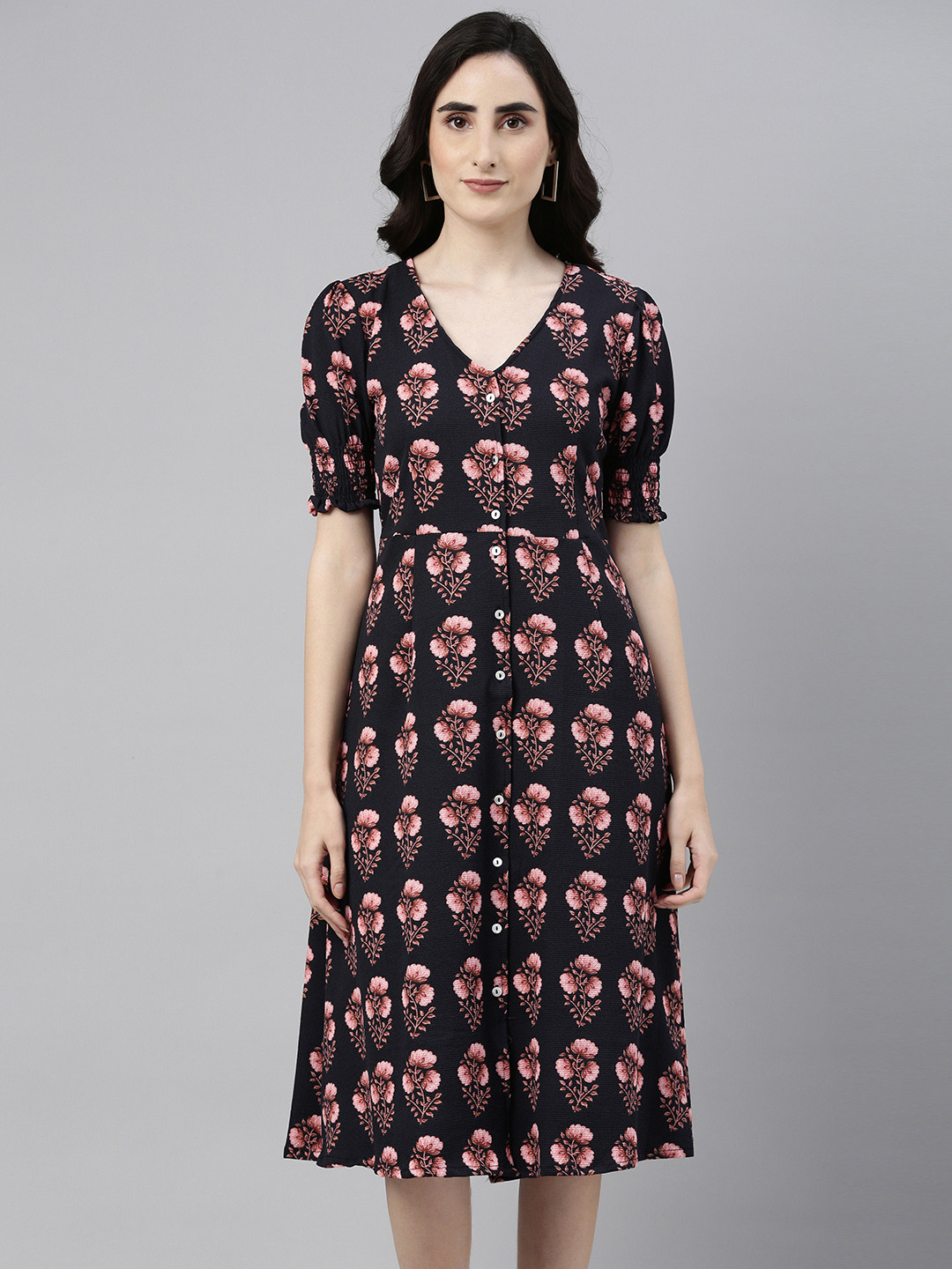 Campus Sutra Black & Pink Floral Printed Puff Sleeved Crepe Dress