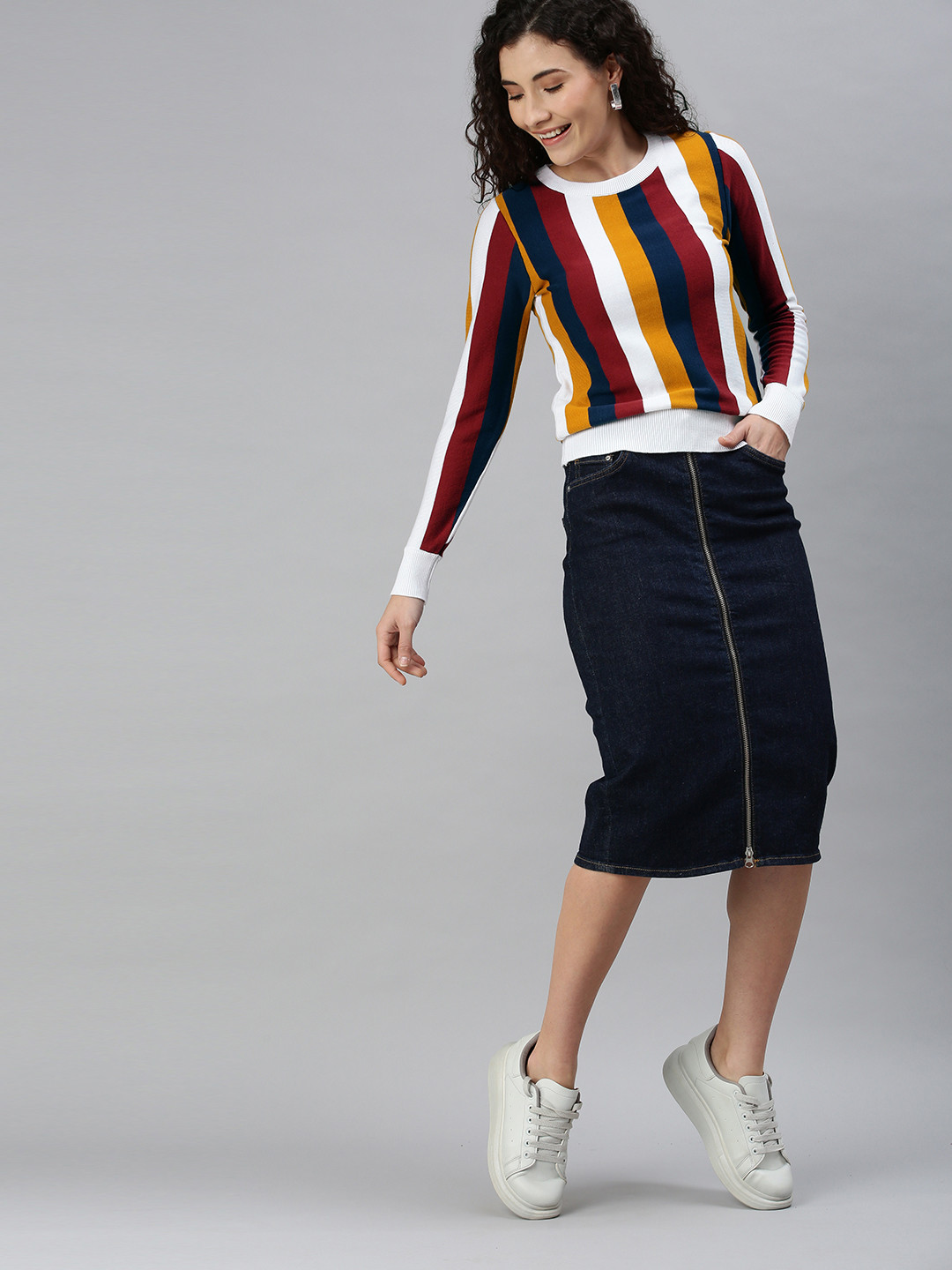 Campus Sutra Women Multi Coloured Striped Pullover Sweater