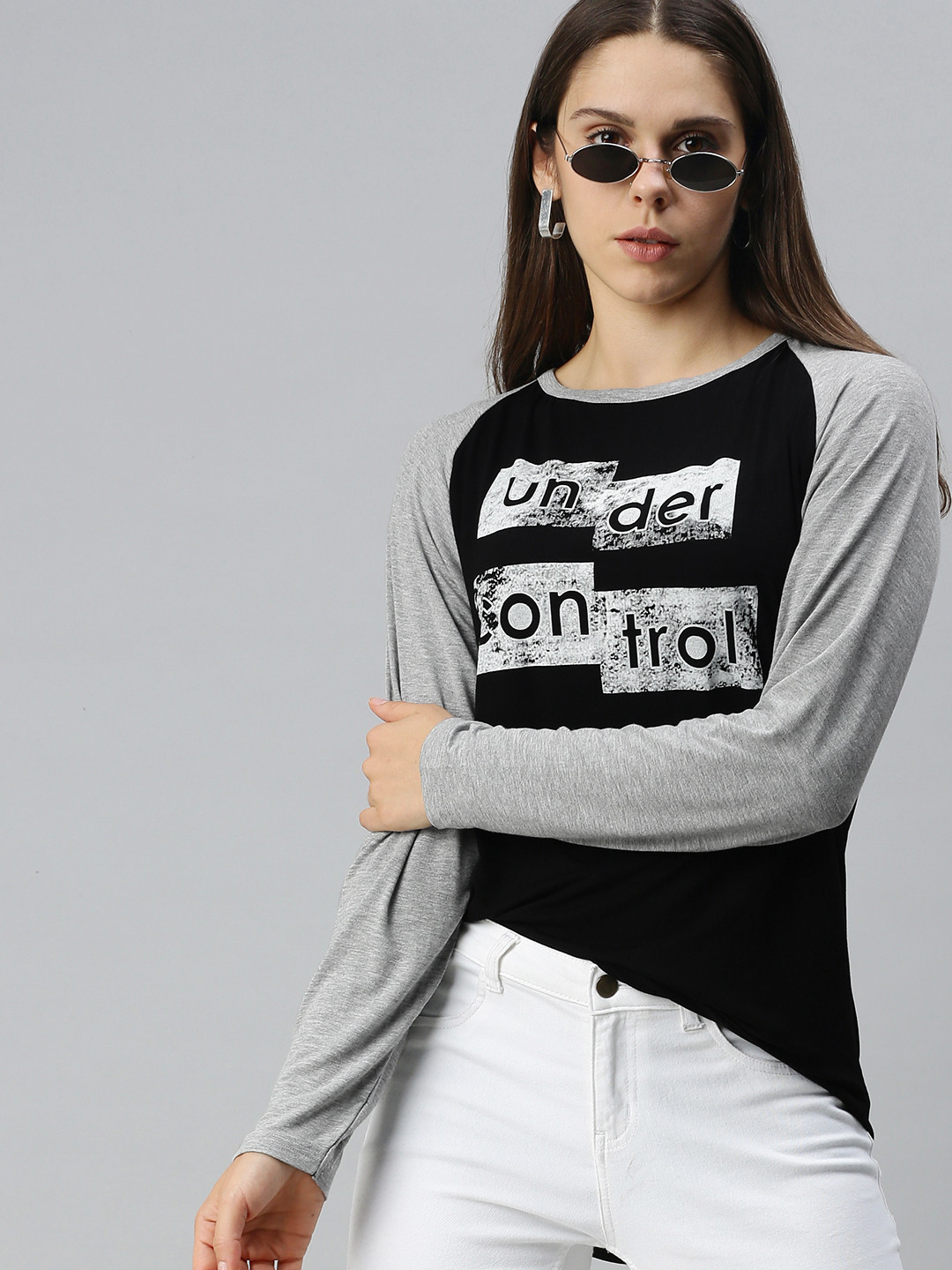 Campus Sutra Black & Grey Melange Printed High-Low Top
