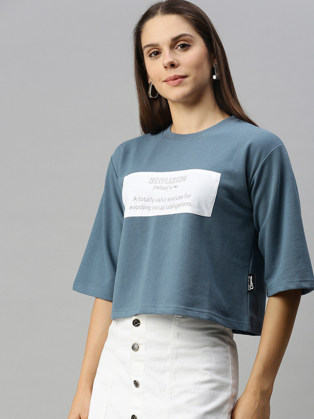 Campus Sutra Blue & White Denim Printed Boxy Top