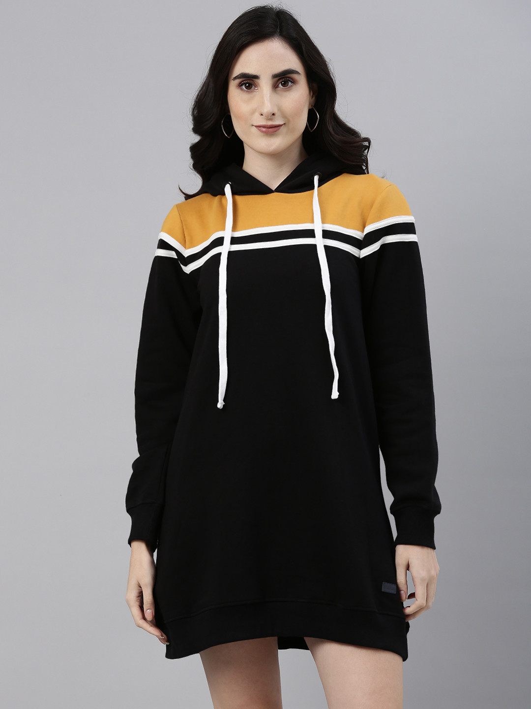 Campus Sutra Women Black & Mustard Yellow Colourblocked Jumper Dress
