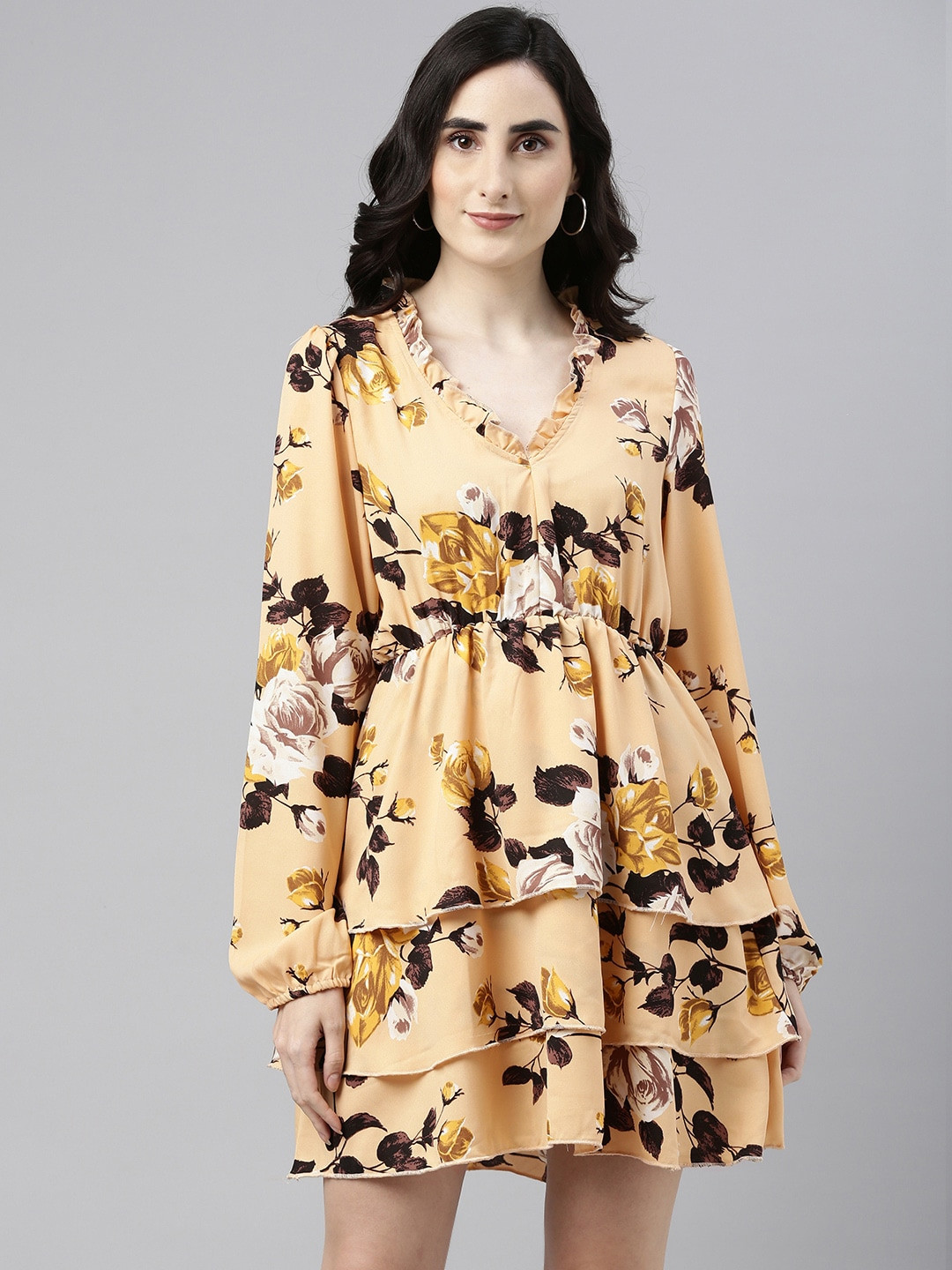 Campus Sutra Yellow & Brown Floral Printed Layered Dress
