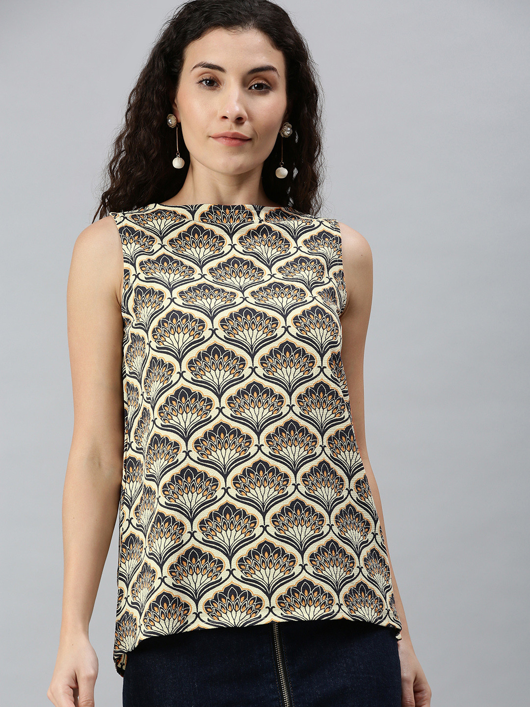 Campus Sutra Cream-Coloured and Black Floral Pure Cotton Tank Top