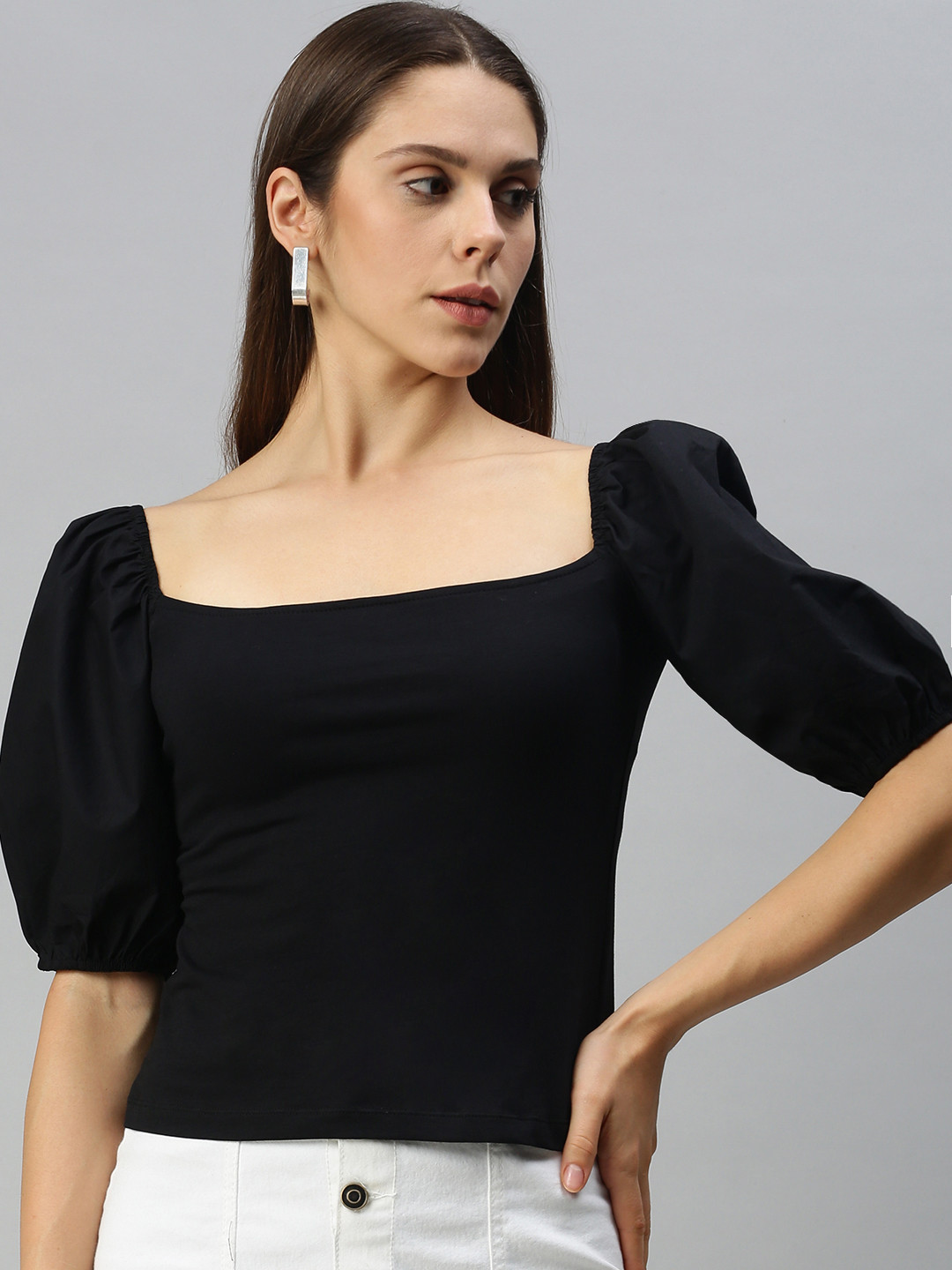 Campus Sutra Black Off-Shoulder Cuffed Sleeve Pure Cotton Regular Top