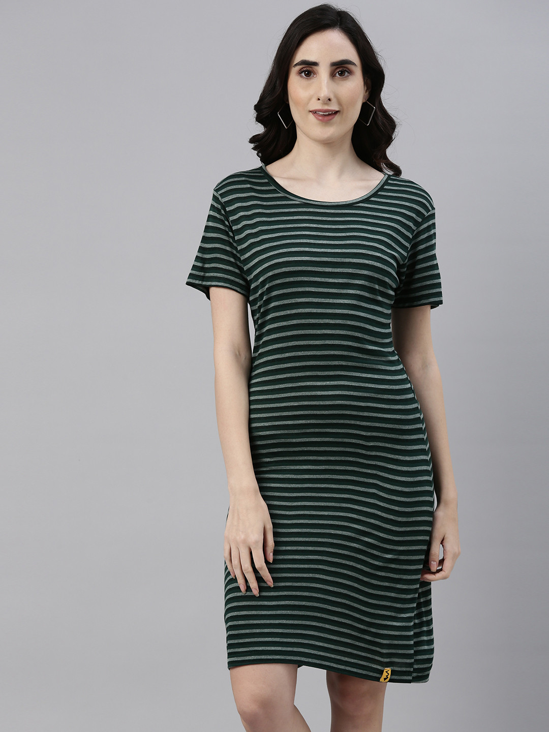 Campus Sutra Green & Black Striped Bodycon Dress