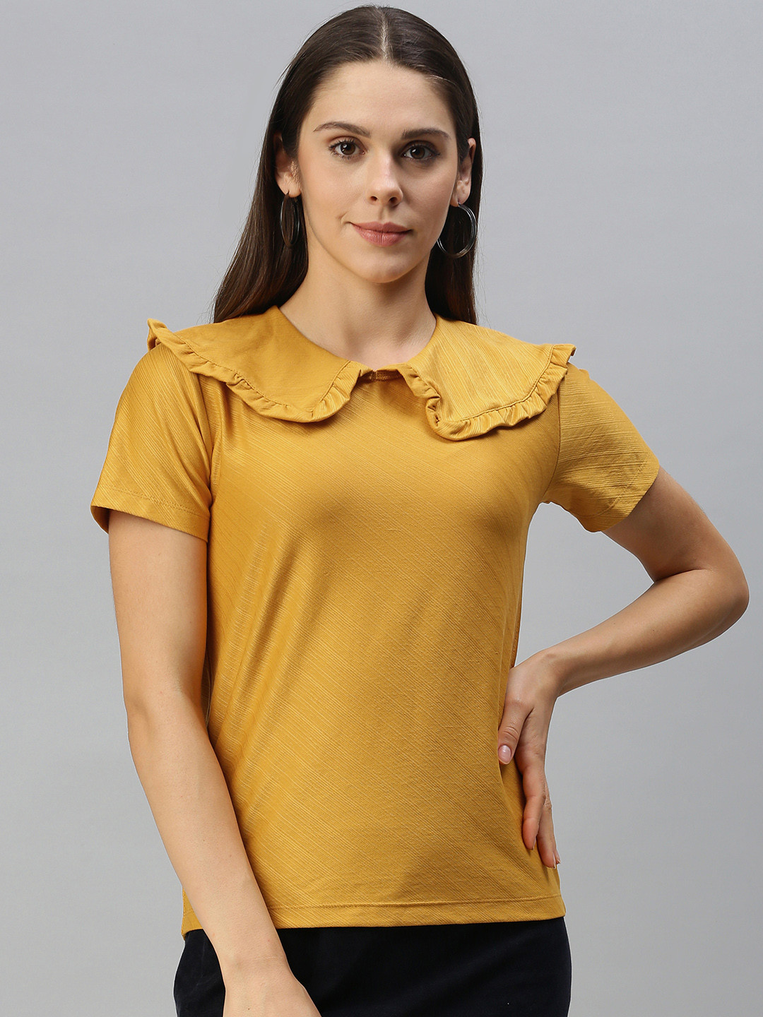 Campus Sutra Mustard Yellow Self-Design Peter Pan Collar Regular Top