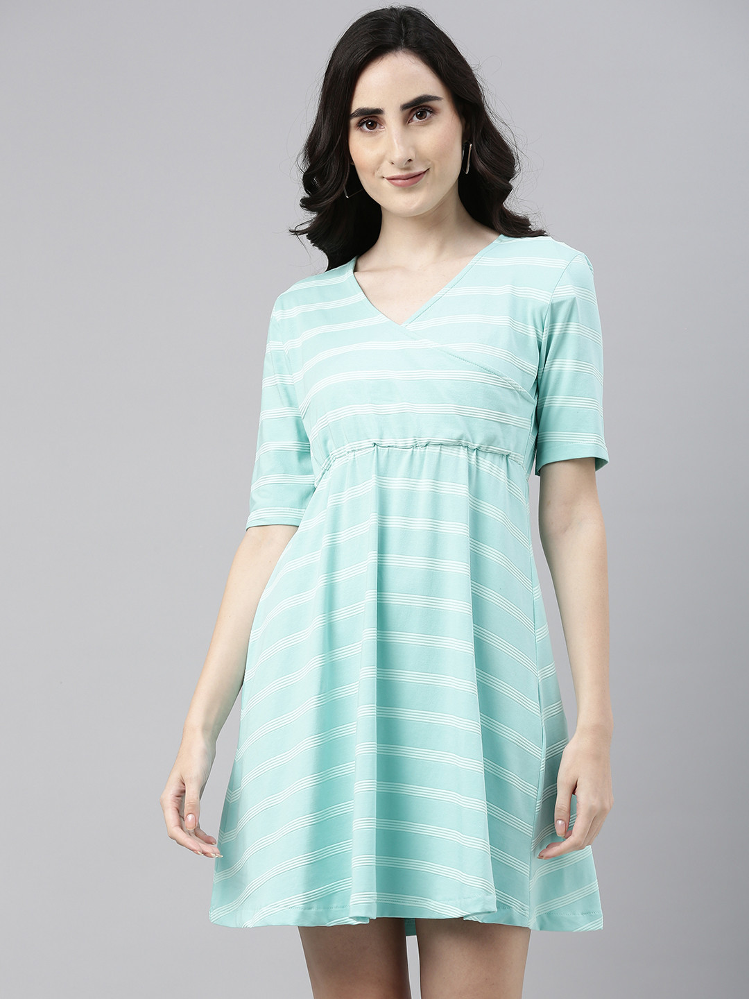 Campus Sutra Sea Green Striped Mini A-Line Dress