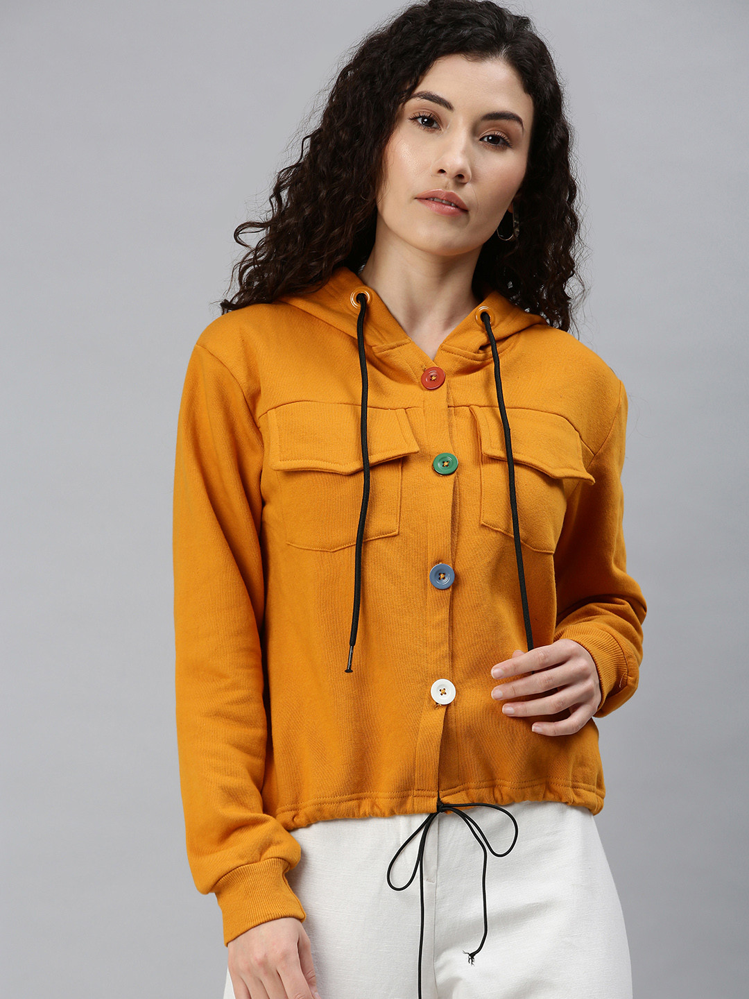 Campus Sutra Women Mustard Yellow Hooded Sweatshirt
