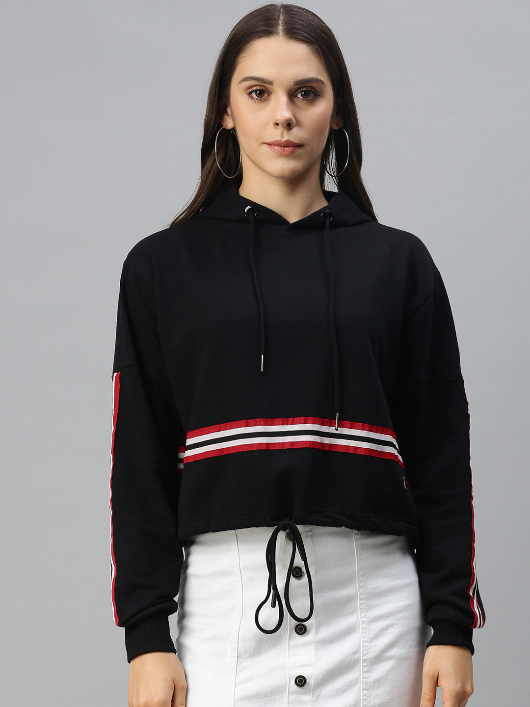 Campus Sutra Women Black & Red Striped Hooded Hem Tie-Up Detail Pullover Sweatshirt