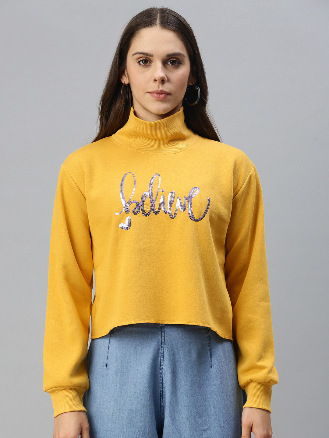 Campus Sutra Women Yellow Embellished Cropped Sweatshirt