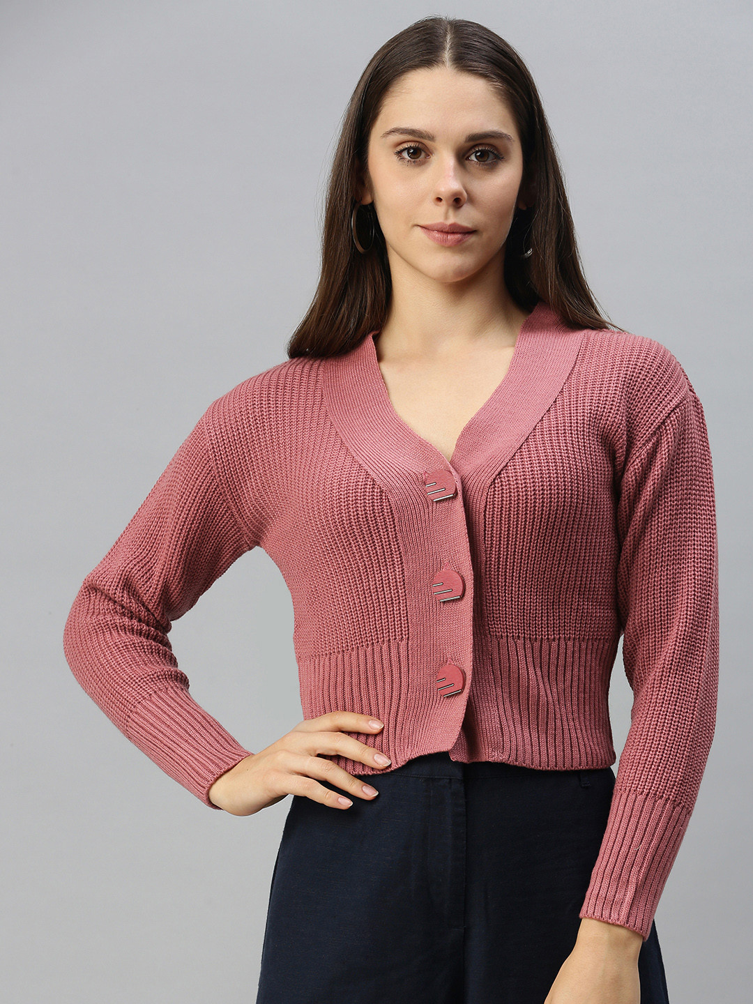 Campus Sutra Women Pink Self Design Knitted Front-Open Cropped Sweatshirt