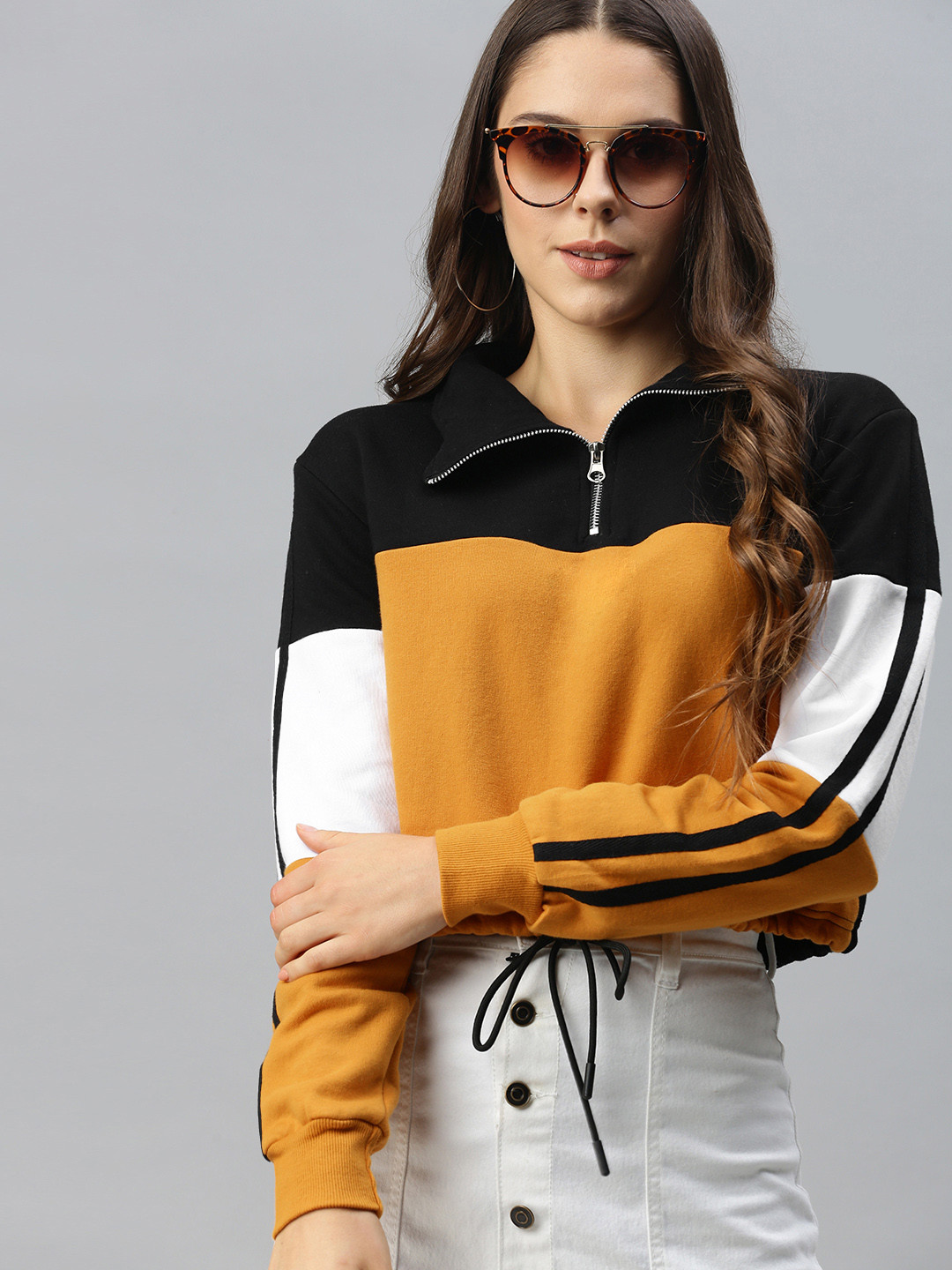 Campus Sutra Women Black & Mustard Yellow Colourblocked Hem Tie-Ups Cropped Sweatshirt