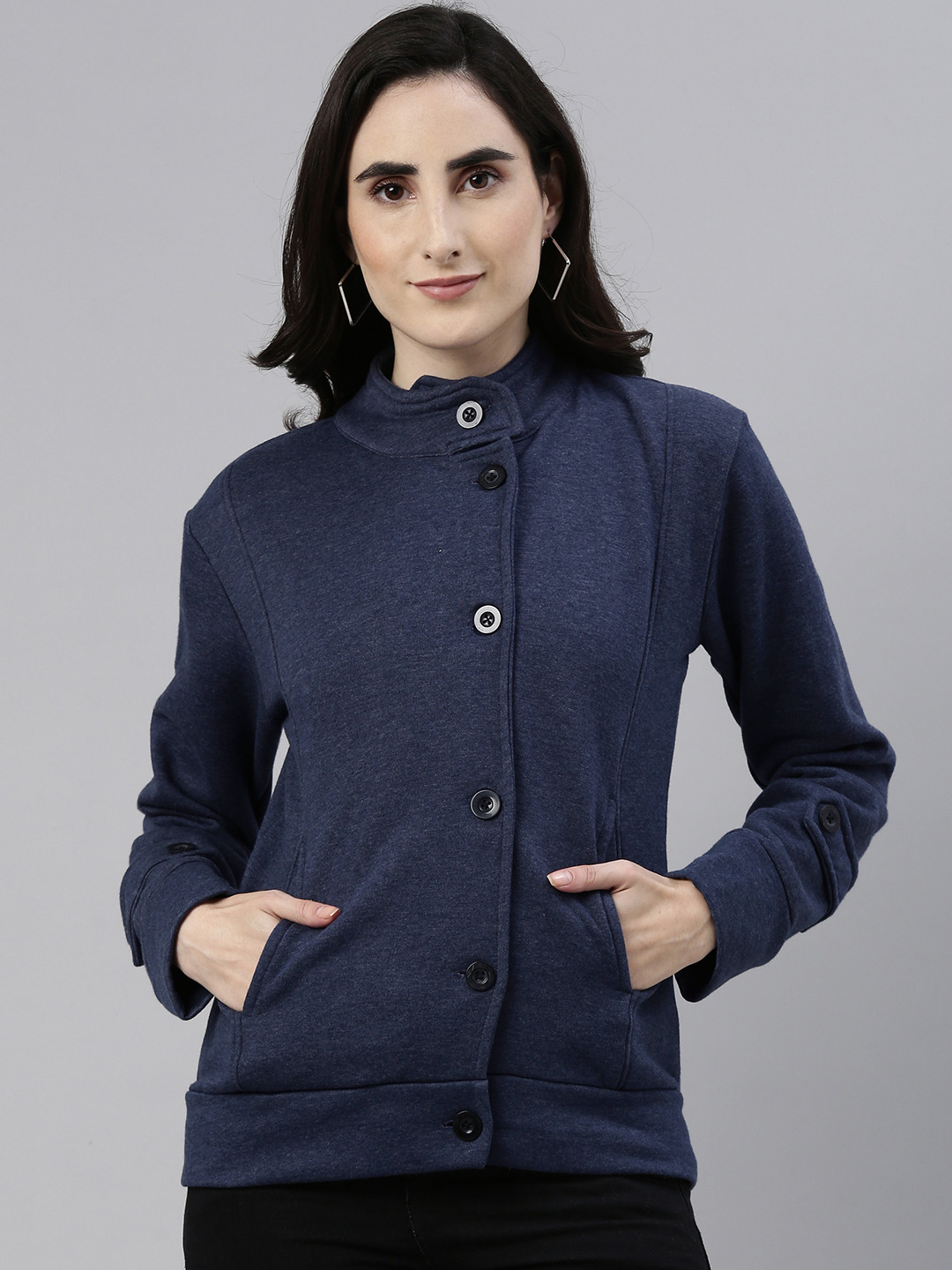 Campus Sutra Blue Mock Collar Buttoned Sweatshirt