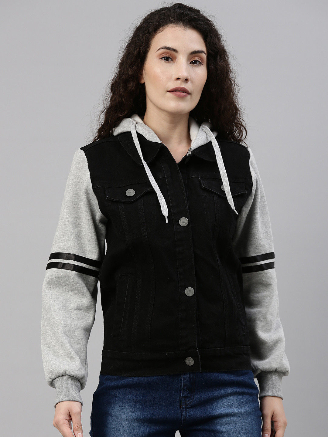 Campus Sutra Women Black Solid Hooded Denim Jacket