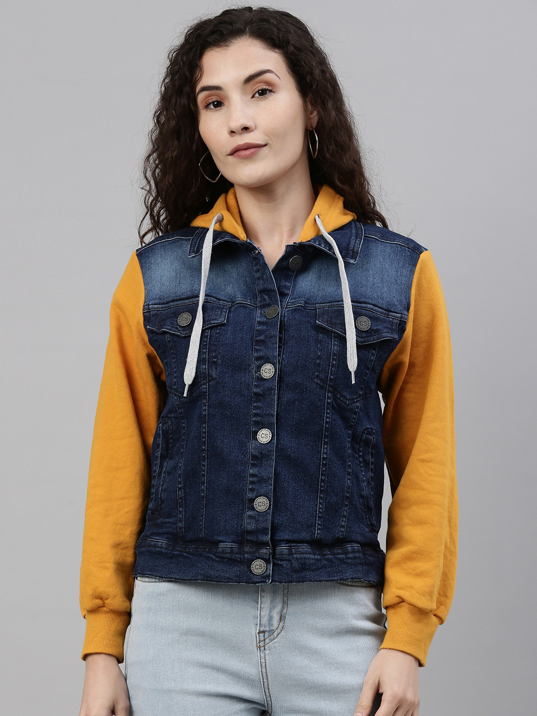 Campus Sutra Women Blue & Mustard Yellow Washed Denim Jacket