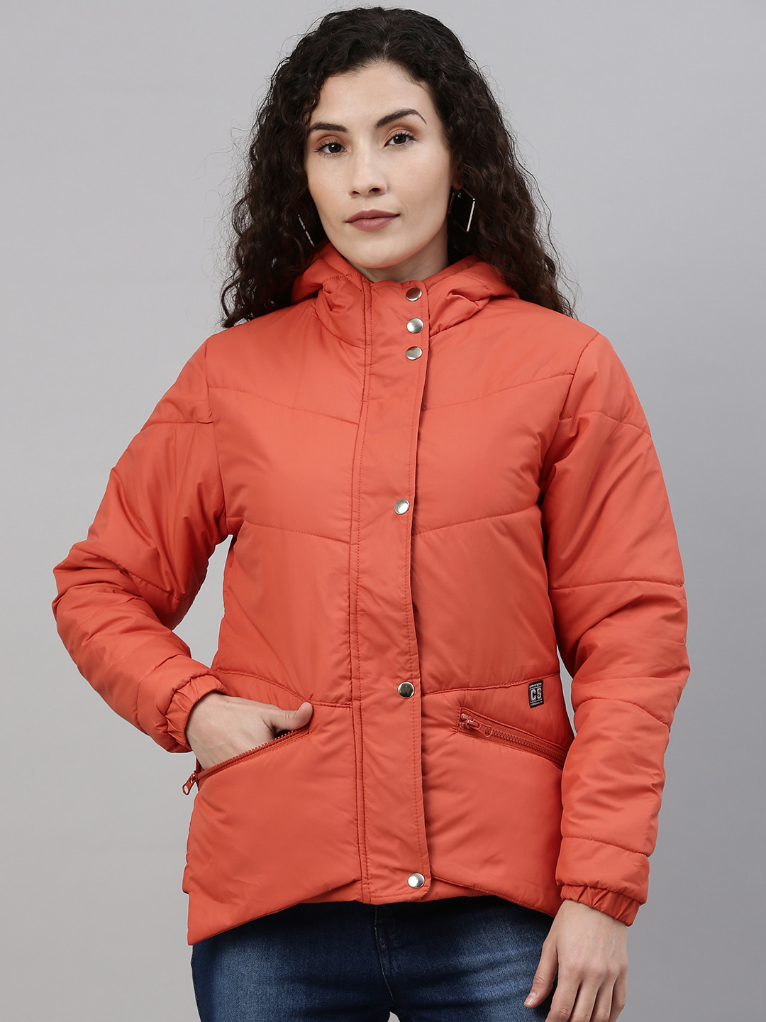 Campus Sutra Women Rust Orange Solid Hooded Puffer Jacket