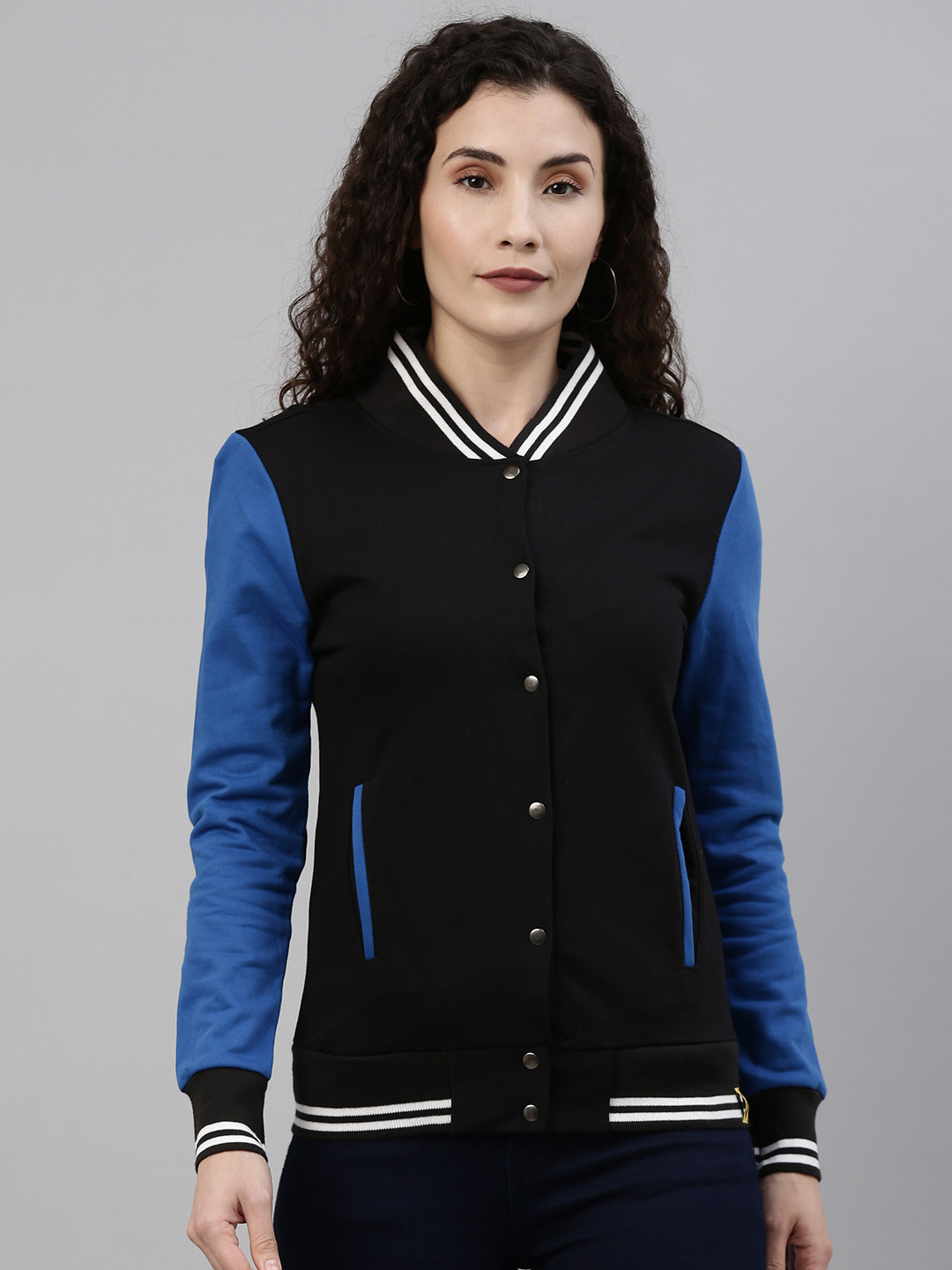 Campus Sutra Women Black Solid Varsity Jacket with Contrast Sleeves