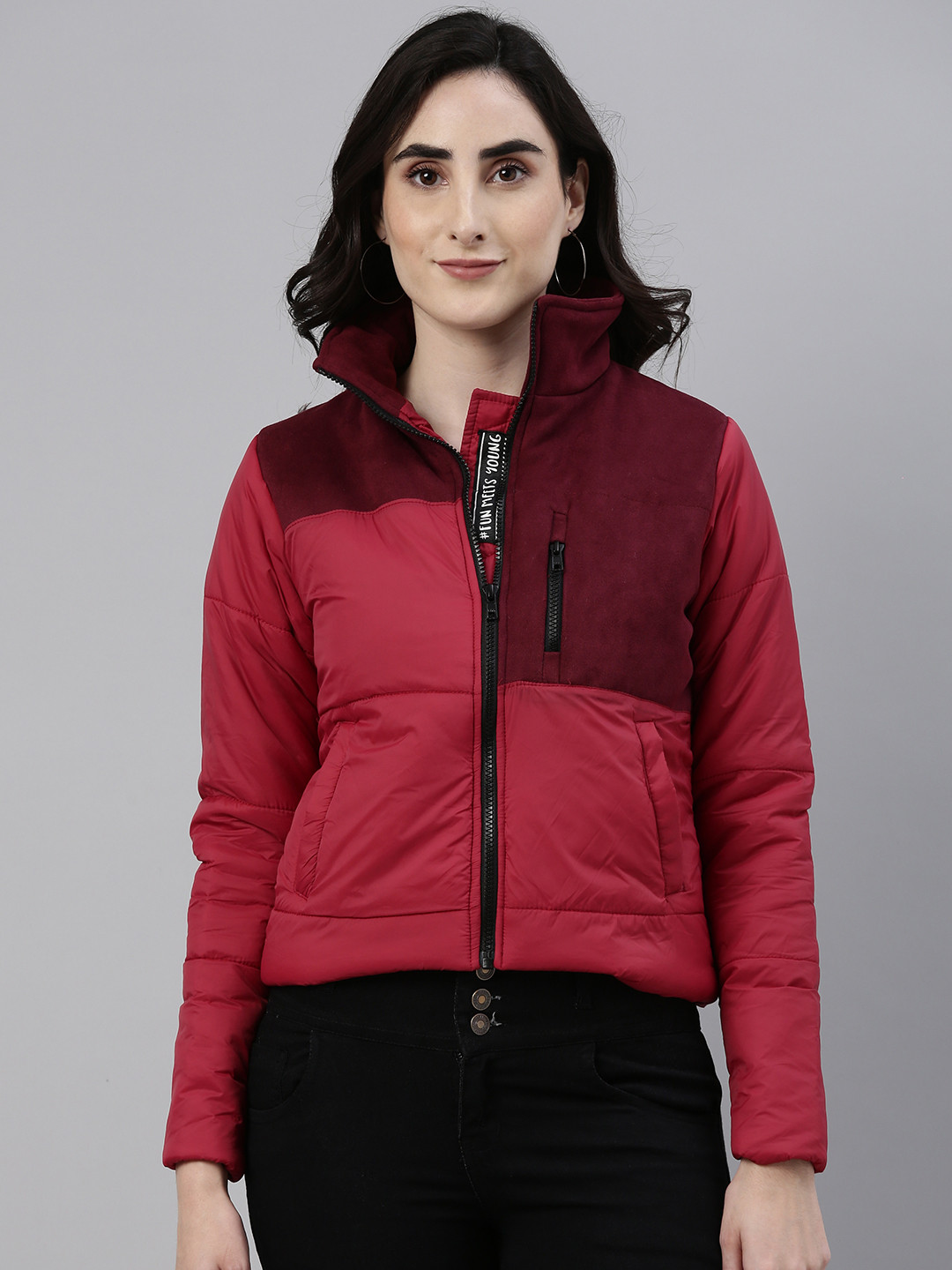 Campus Sutra Women Red Maroon Colourblocked Windcheater Outdoor Padded Jacket
