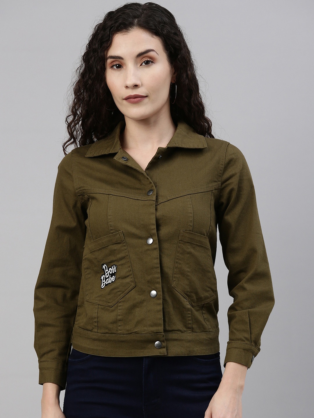 Campus Sutra Women Olive Green Applique Detail Denim Jacket