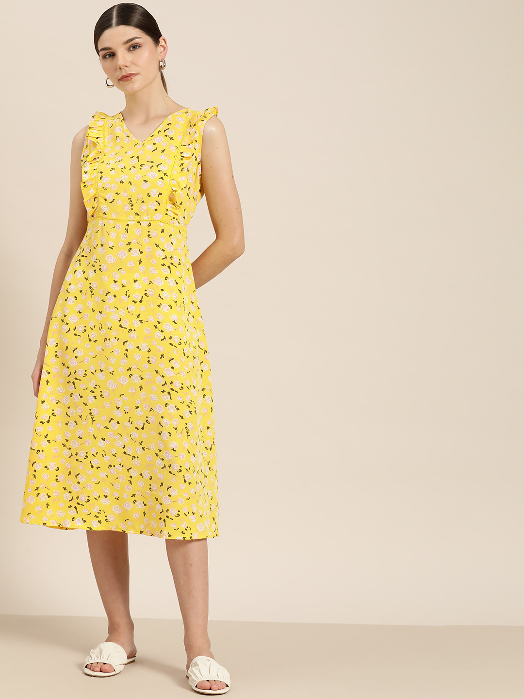 her by invictus Yellow & Black Floral Printed A-Line Midi Dress
