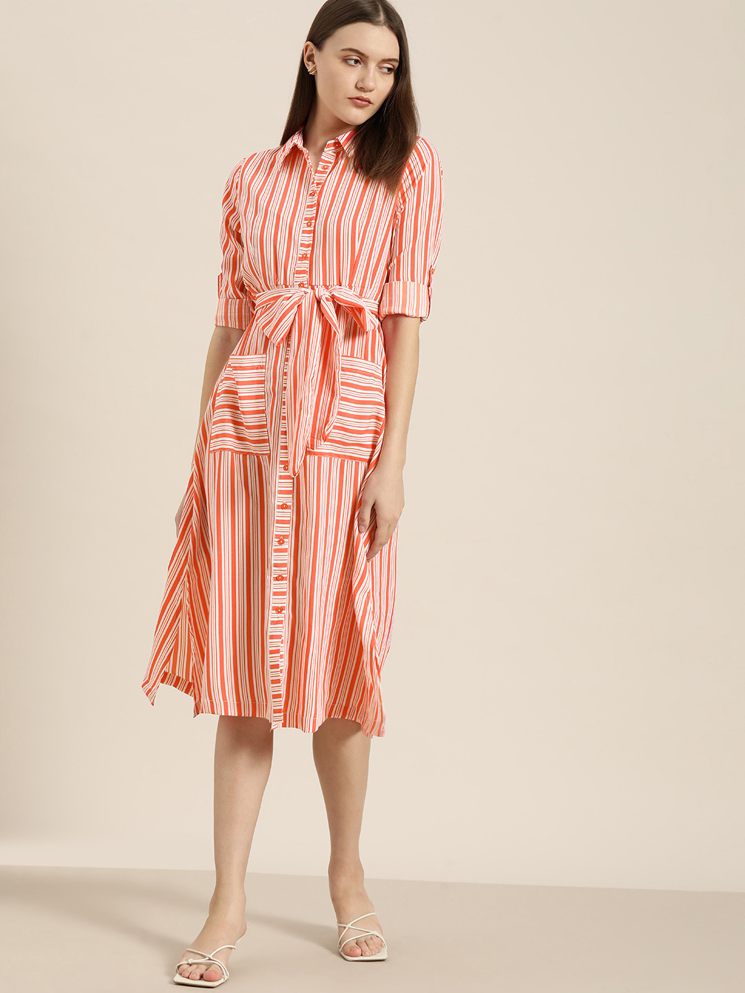 her by invictus Striped Shirt Midi Dress with Belt