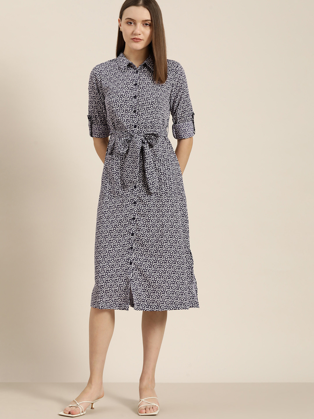 her by invictus Navy Blue & White Floral Shirt Midi Dress with Belt