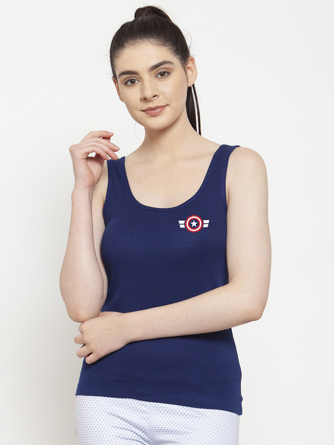 Friskers Women Blue & Red Captain America Printed Tank Top