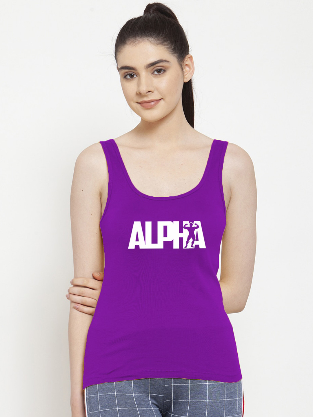 Friskers Women Gym Purple & White Tank Top