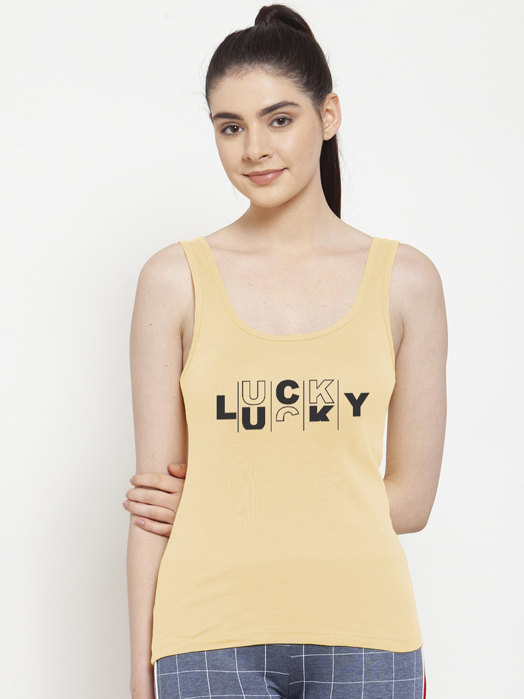 Friskers Women Beige & Black Tank Top
