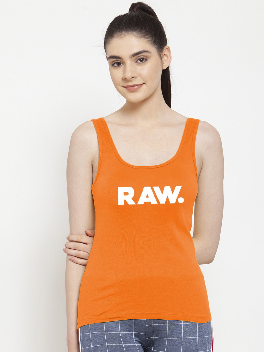 Friskers Orange & White Typography Printed Tank Top