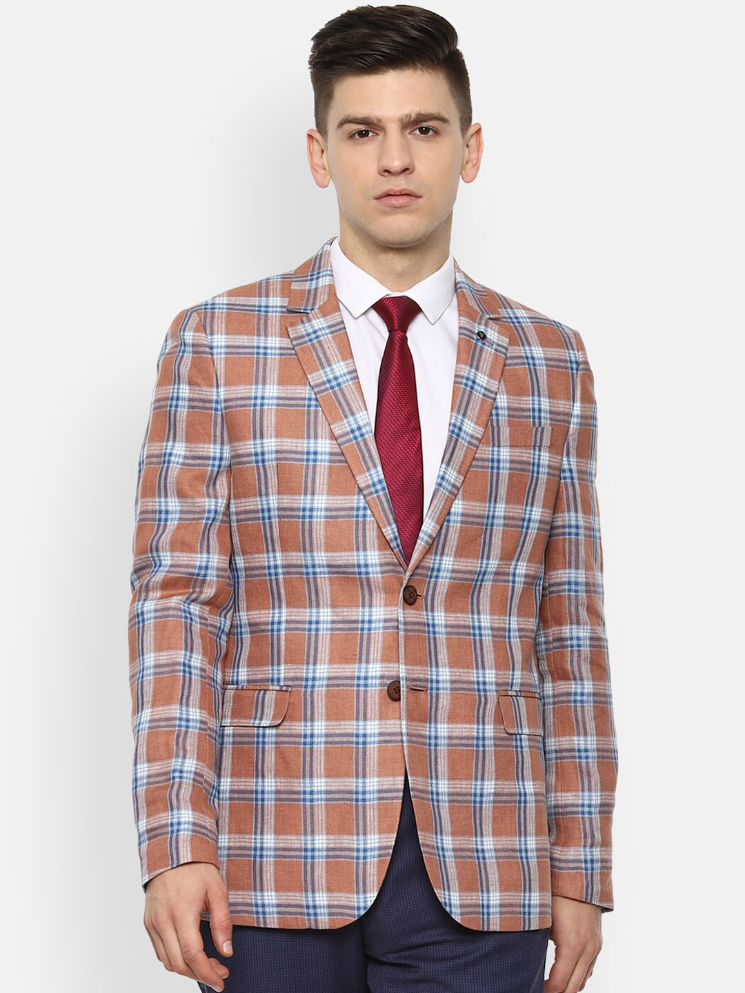 Van Heusen Men Orange & Blue Checked Single-Breasted Slim-Fit Linen Formal Blazer
