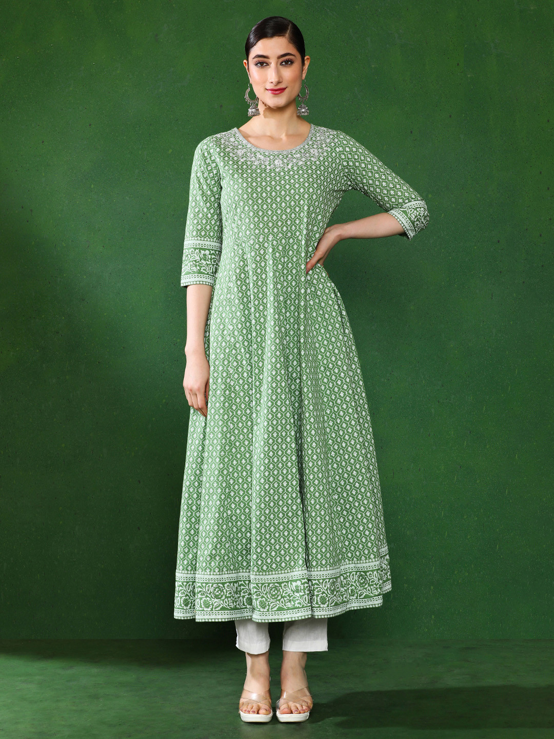 Jaipur Kurti Printed Anarkali With Embroidered Yoke