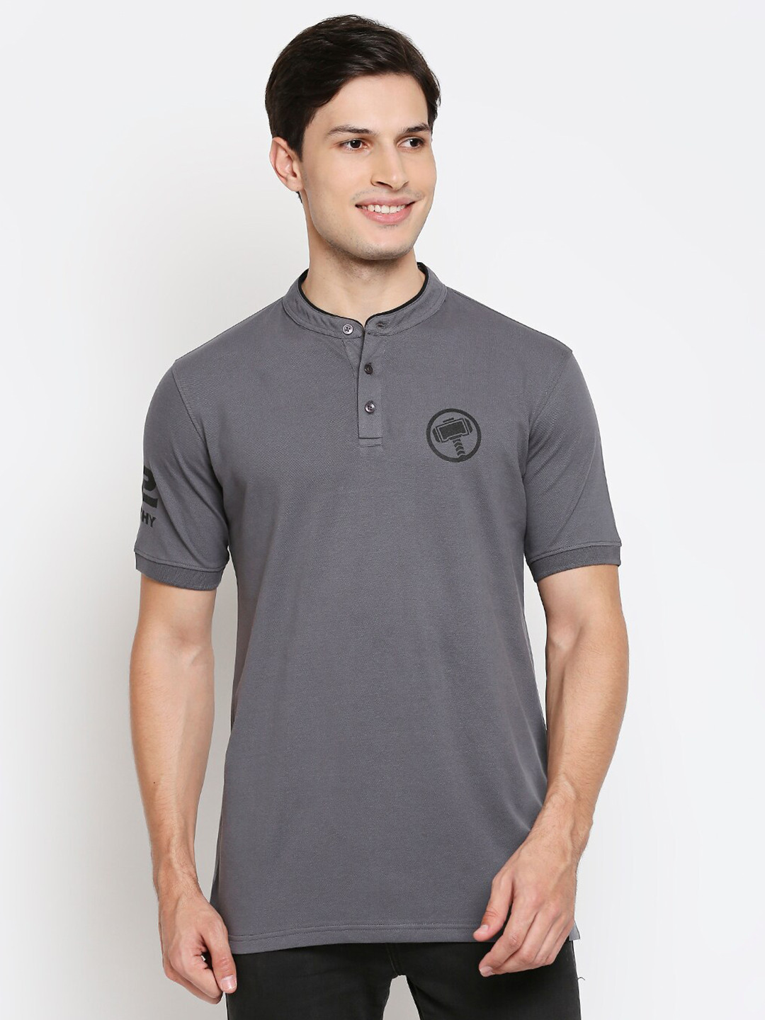 The Souled Store Men Grey Printed Henley Neck Pure Cotton T-shirt