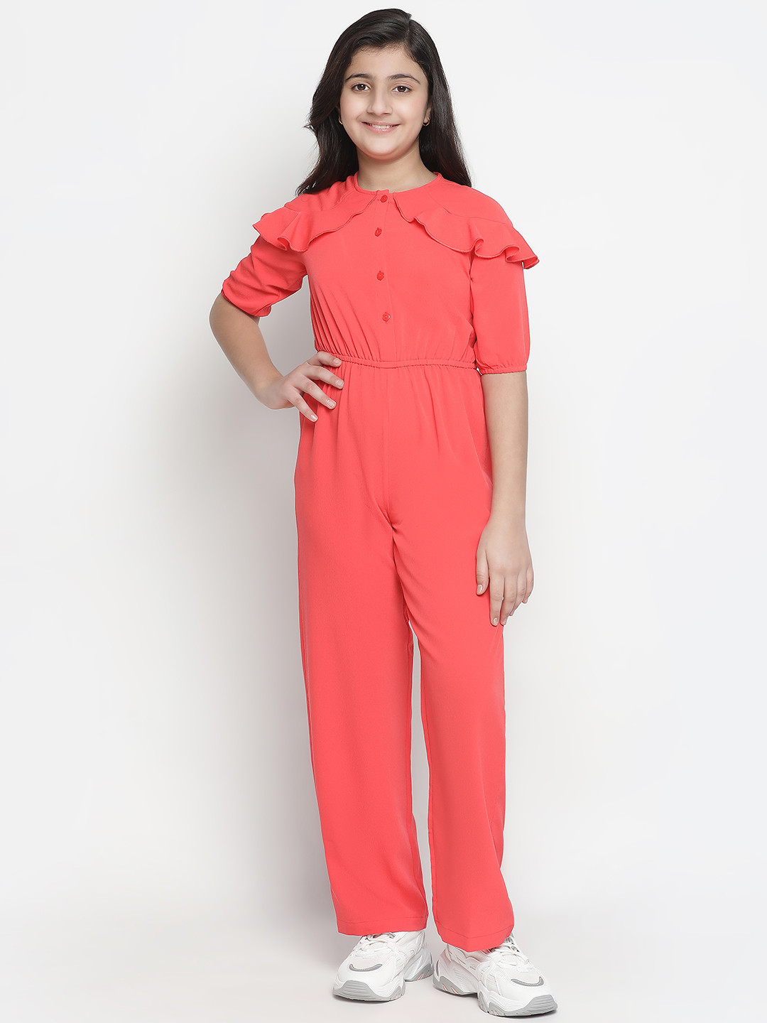 Oxolloxo Girls Coral Solid Basic Jumpsuit with Layered Sleeve Styling