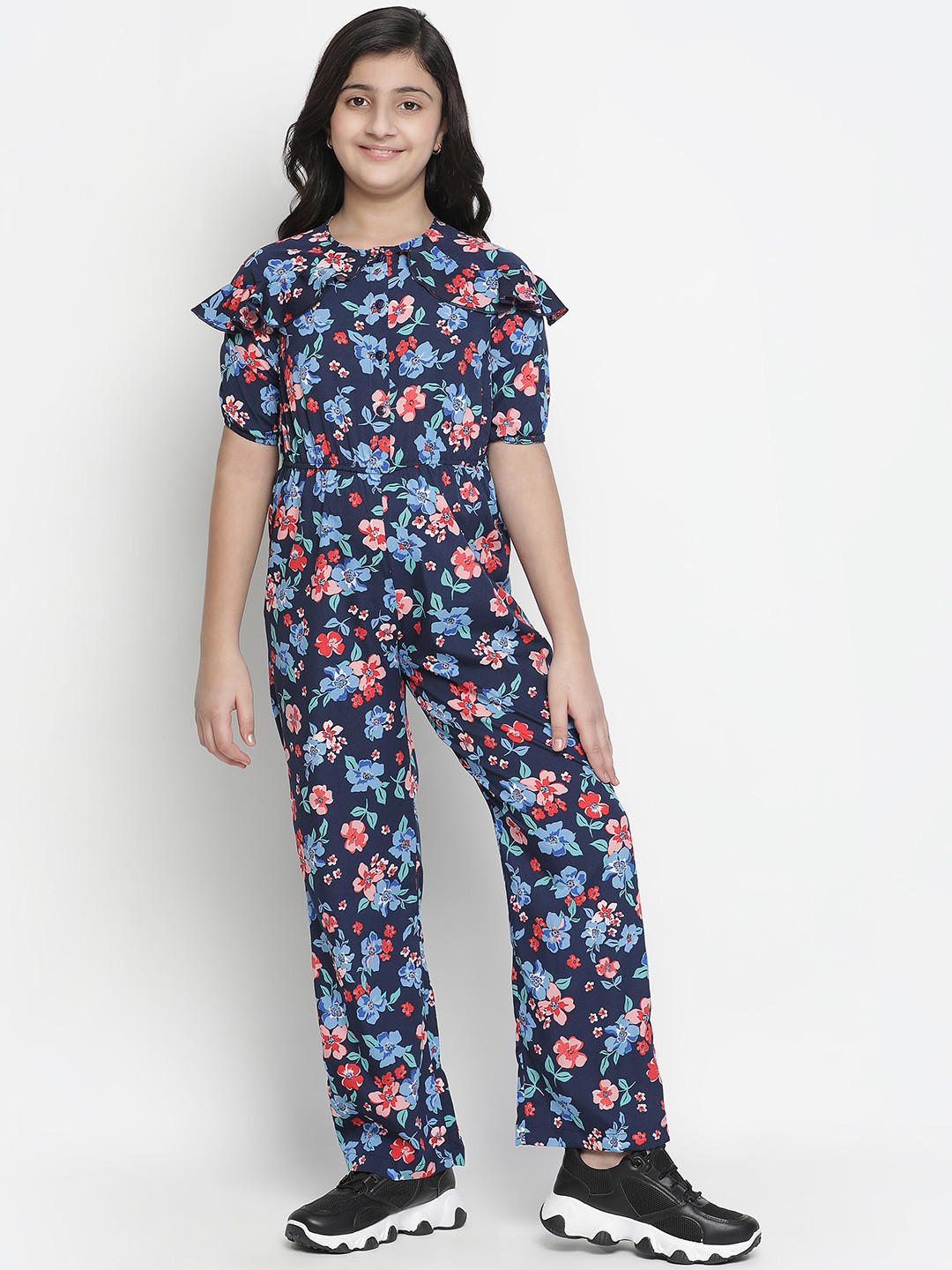 Oxolloxo Girls Black & Blue Printed Basic Jumpsuit with Layered Sleeve