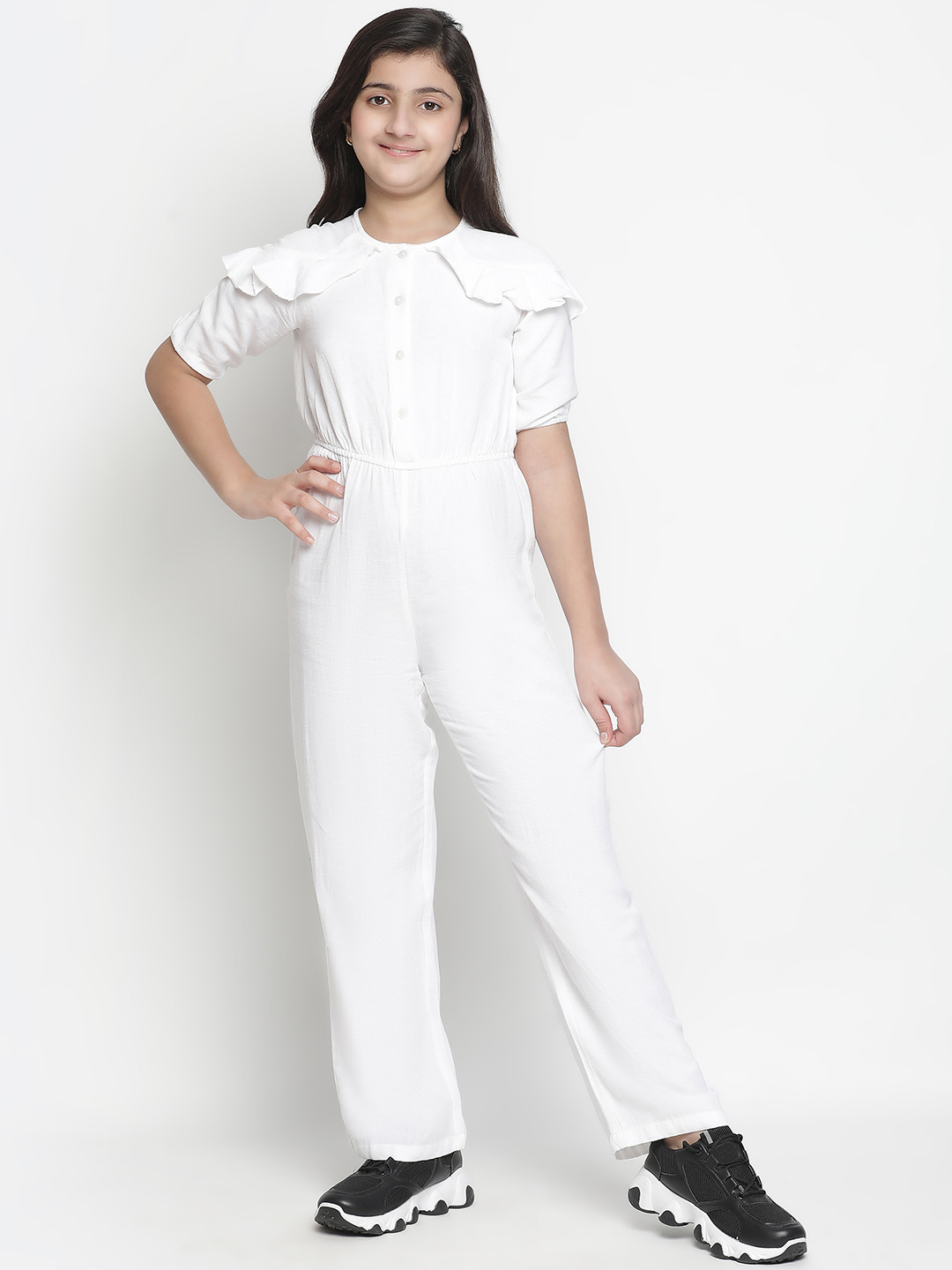 Oxolloxo Girls White Solid Basic Jumpsuit with Layered Sleeve