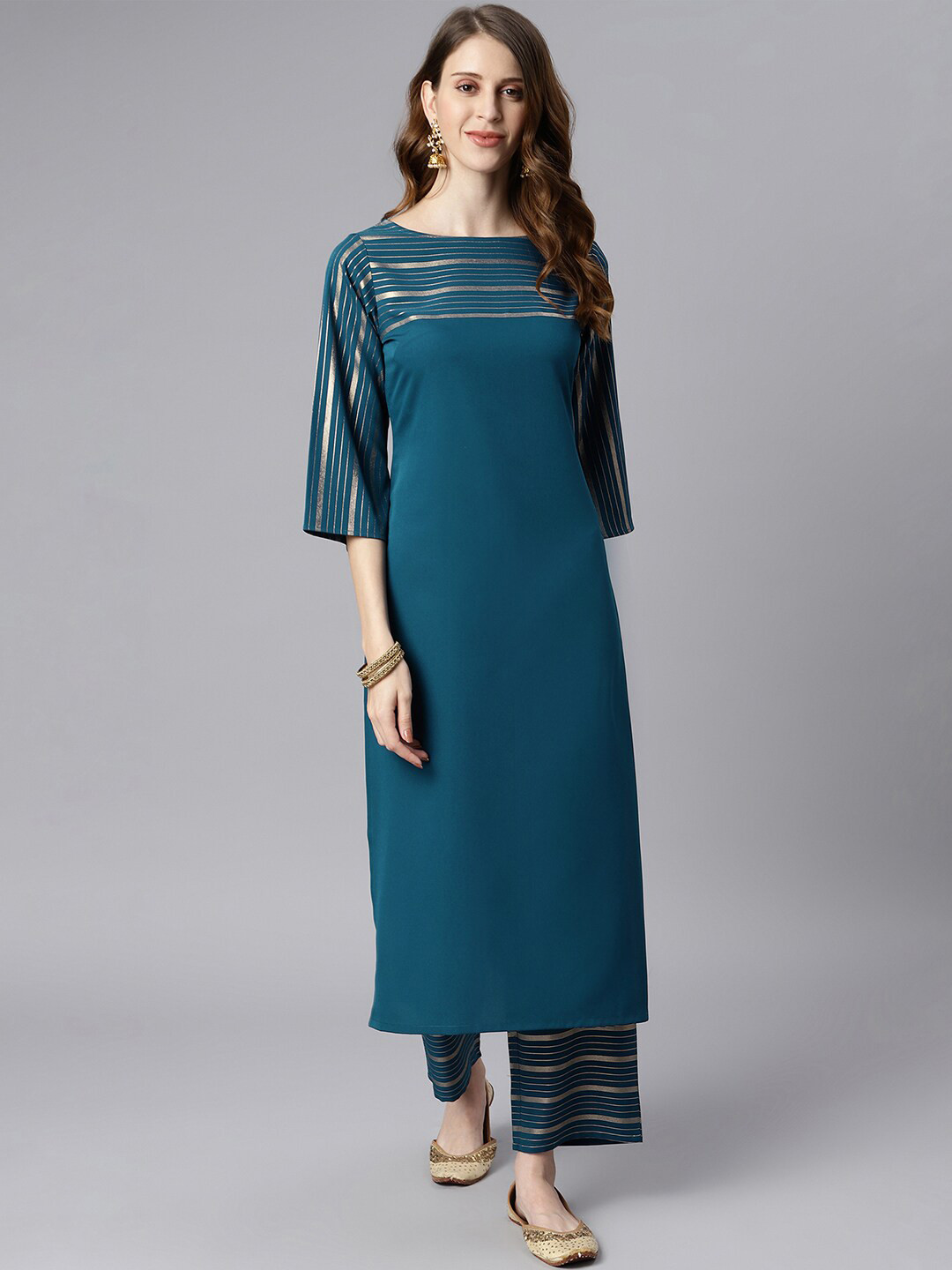 Janasya Women Teal Green & Golden Striped Yoke Design Kurta with Palazzos