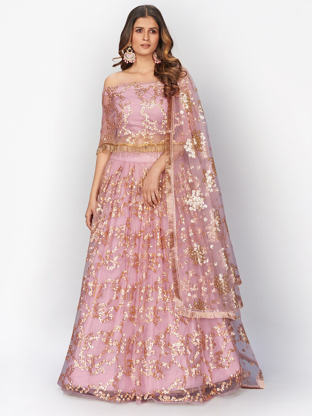 SHOPGARB Pink & Gold-Toned Sequinned Semi-Stitched Lehenga & Unstitched Blouse & Dupatta